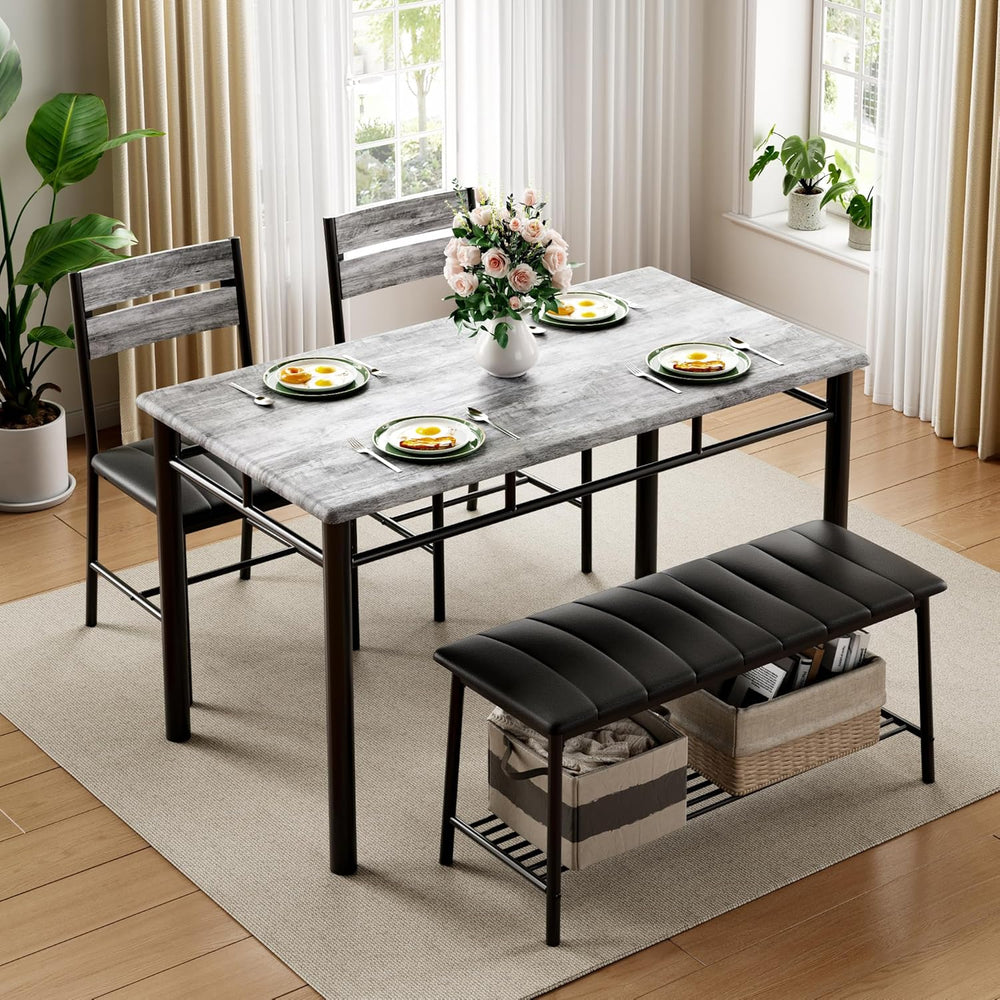 IRONCK Dining Table Set for 4, Kitchen Table with Upholstered Bench and 2 Cha...