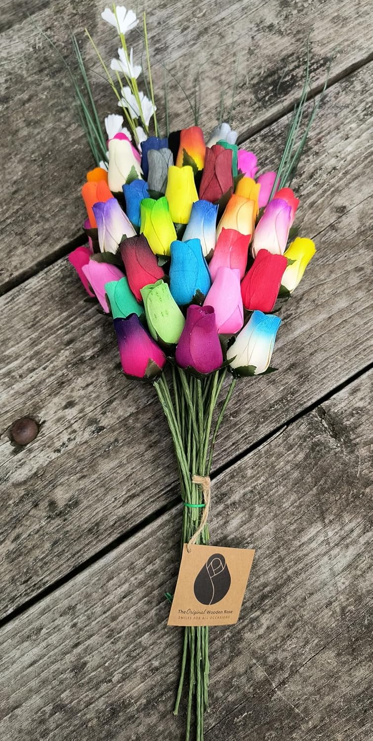 Assorted Colors Wooden Rose Closed Bud Bouquets 3 Dozen