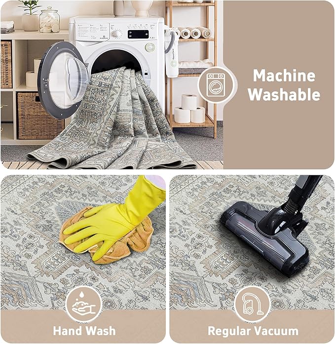 Machine Washable Area Rugs 9x12 Living Room Retro Rugs- Ultra Soft Low Pile - Image 5