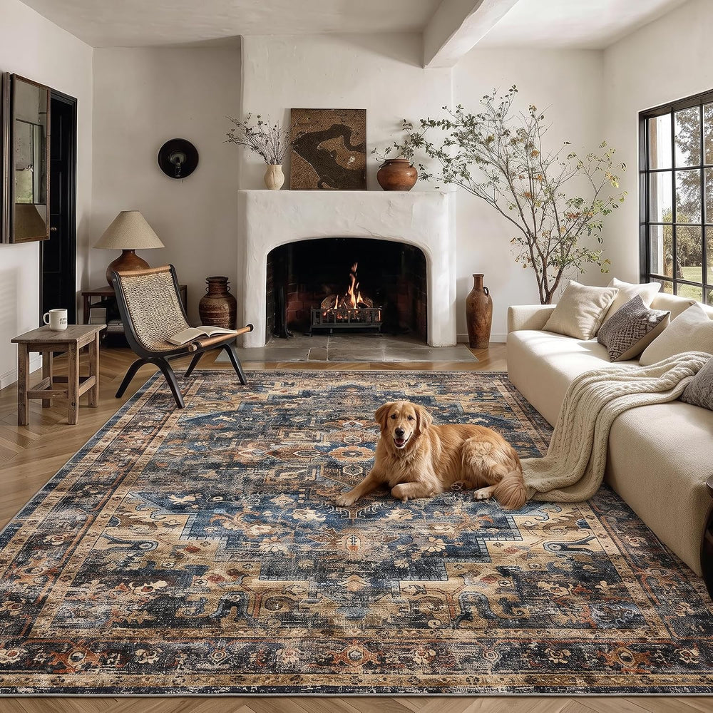GarveeHome 9x12 Area Rug for Living Room Washable Vintage Rug Blue&Brown
