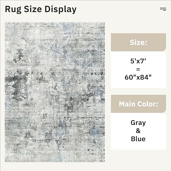 Abstract Rug 5x7 Machine Washable Area Indoor Grey Low Pile Non-Slip Foldable - Image 5