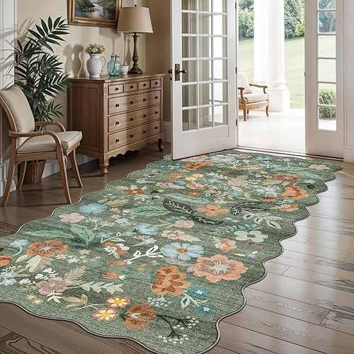 4x8 Washable Area Rug for Family: Stain Resistant Wide Floral Scalloped Kitchen - Image 2