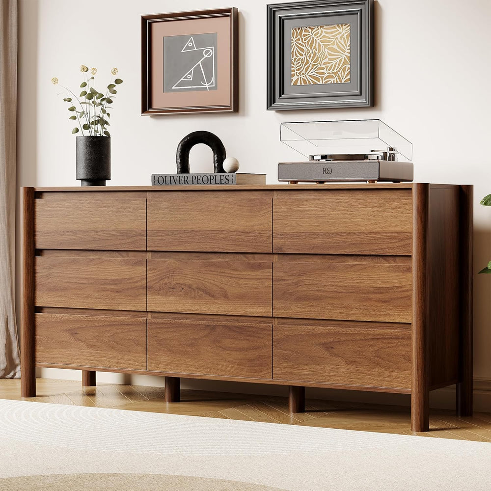 HOUROM Walnut Dresser for Bedroom,63"Wide 9 Drawer Mid Century Modern Chest