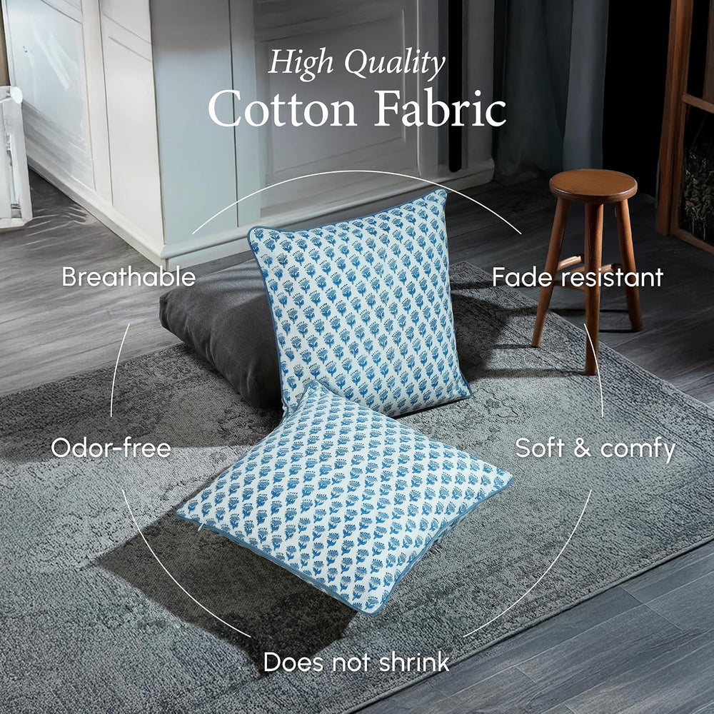 CPC Apatite Blue Block Print Throw Pillow Covers 20x20 Inch, Pack of 2