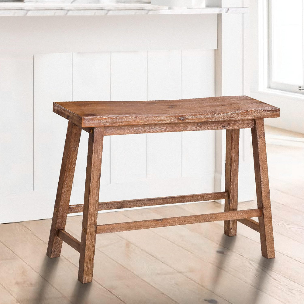 Benjara 33 Inch Saddle Seat Bench, Sandblasted Antique Brown Acacia Wood, Ang...