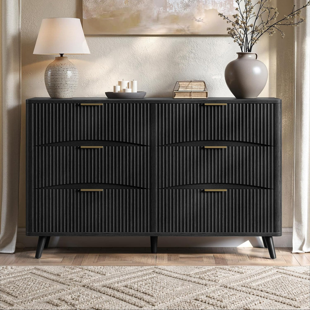 Evermagin 54 Inch Black 6 Drawer Dresser, Curved Fluted Chest of Drawers