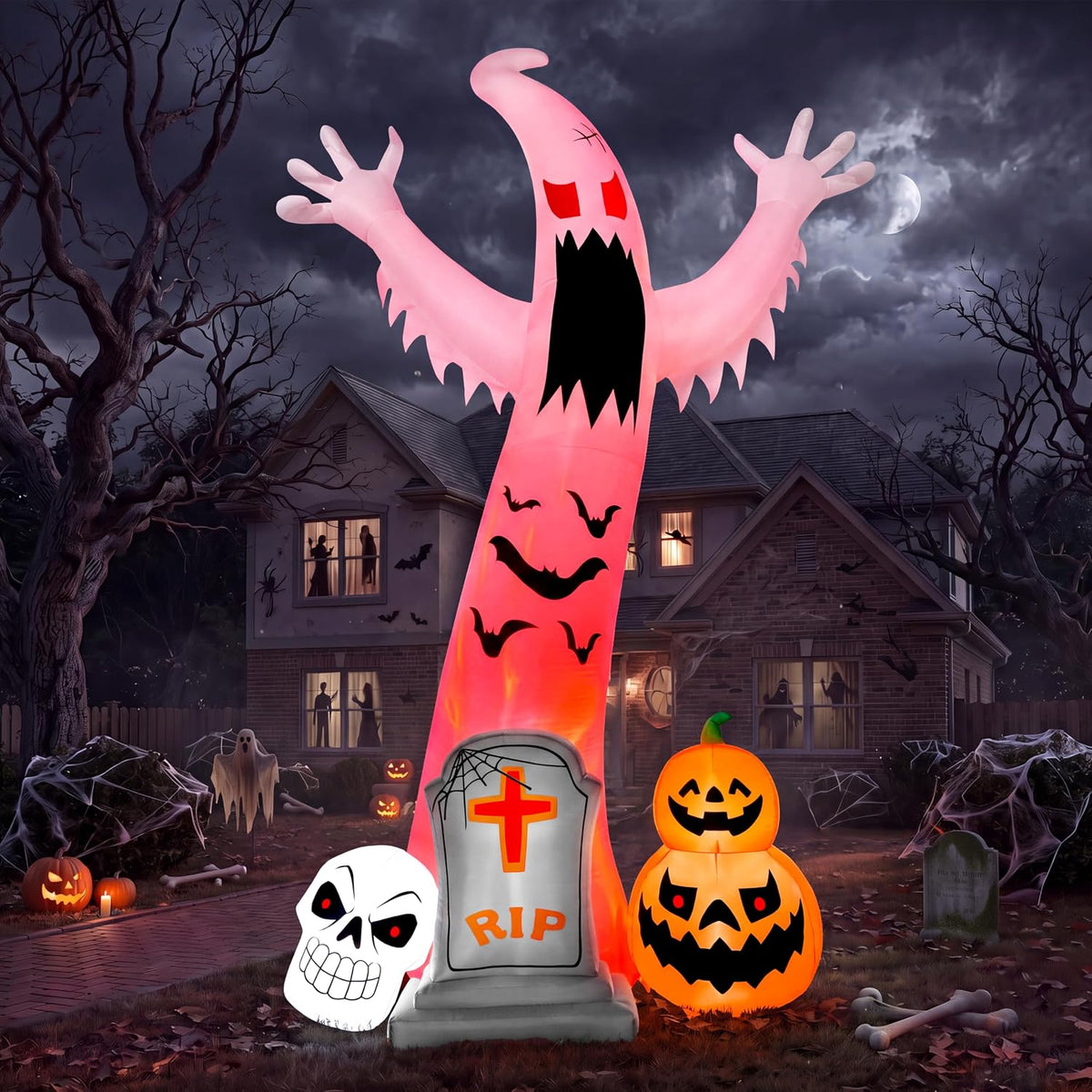 Joiedomi 12FT Giant Halloween Inflatables Spooky Ghost with Skull Tombstone & Pumpkins Outdoor Decoration, Halloween Blow Up Yard Decorations with Rotating Colorful LED Lights for Lawn Garden Decor