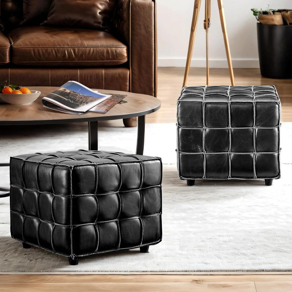 Art Leon Tufted Square Ottoman Leather Footstool Modern Foot Rest Black