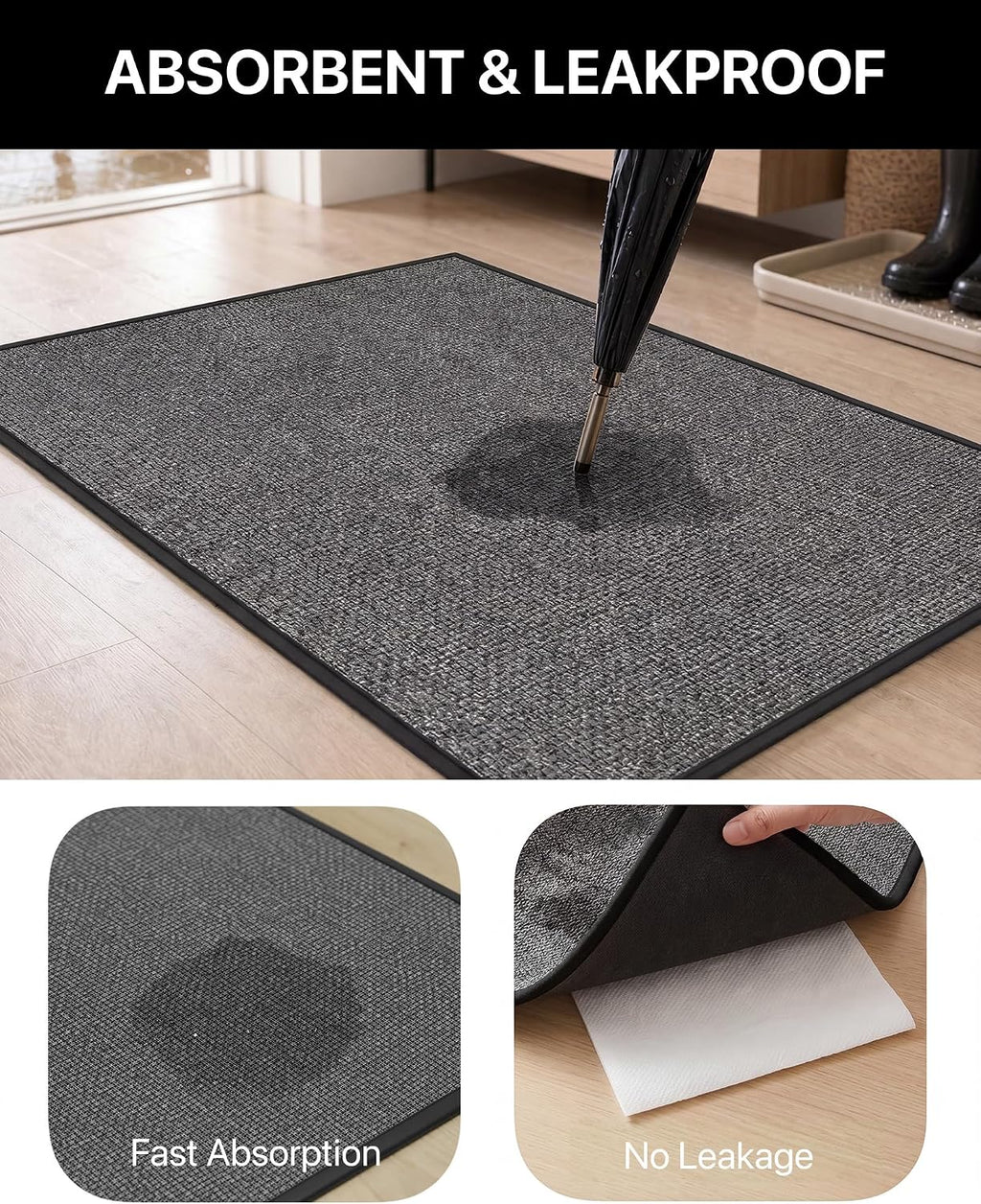Door Mat Indoor Entrance, 24" x 36" Ultra Thin Non Slip Door Mat with Rubber Backing, Low Profile Easy Clean Dirt Trapper Doormat for Entryway Front Door Patio Porch, Charcoal Grey