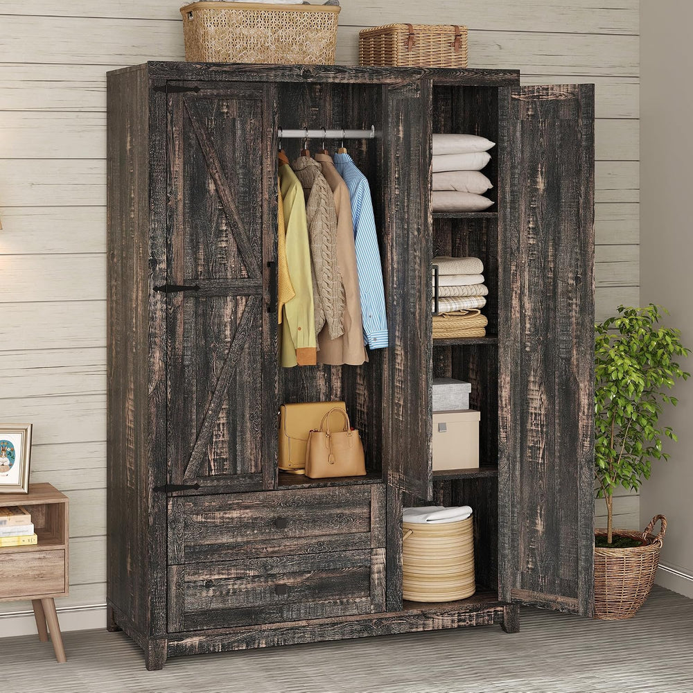 AMERLIFE Farmhouse 3 Door Wardrobe Closet with 2 Drawers & Hanging Rod