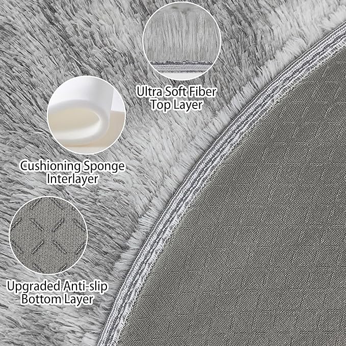 4x4 ft Tie Dye Grey Round Rug for Bedroom Room Fluffy Circle Rug Furry Carpet - Image 4