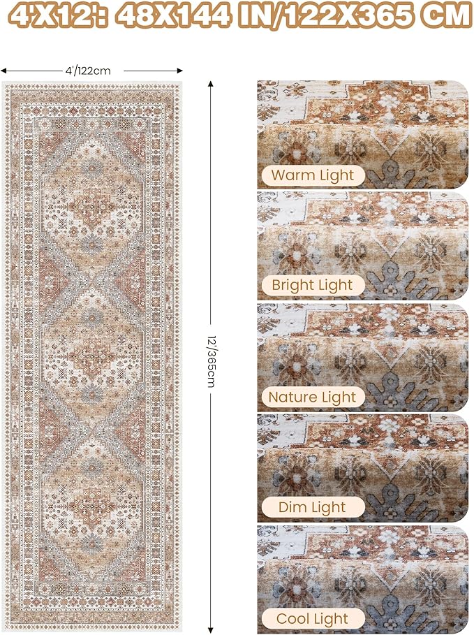 4x12 Runner Rug for Hallway, Low-Pile Wide Runner for Entryway, Long Washable - Image 2
