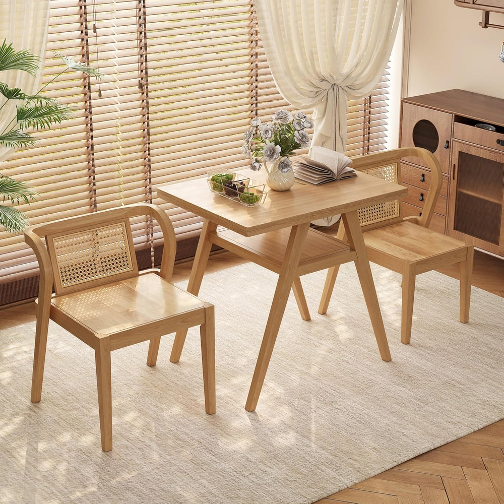 PADMA HOUSE Bistro Stacking Table Chair Set of 3, Wood Rattan Small Dining Ta...