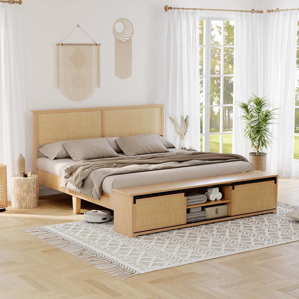 GarveeHome Natural Rattan Queen Size Bed Frame with Storage Cabinets