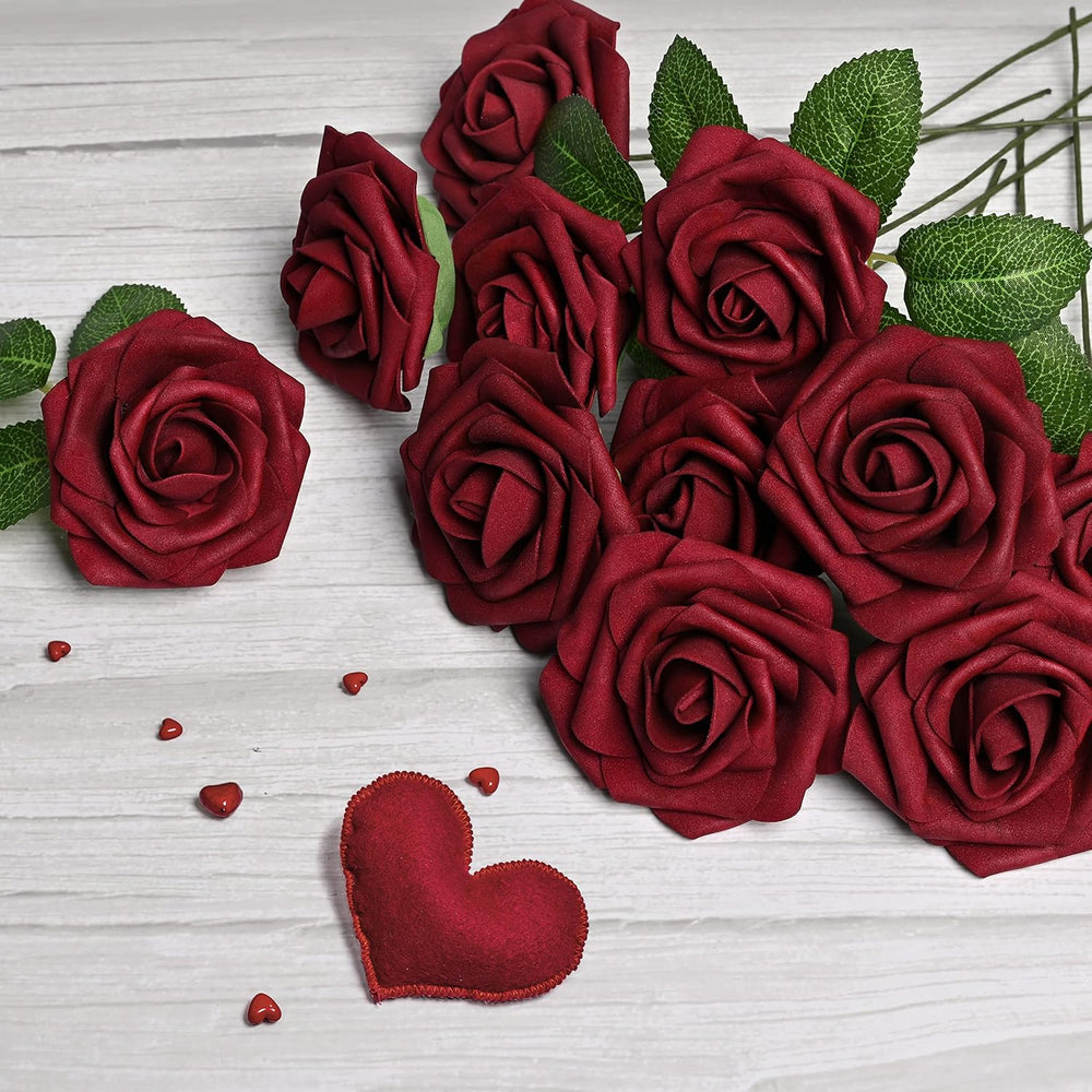 Mocoosy 50Pcs Burgundy Roses Artificial Flowers, Burgundy Fake Rose for Decor...