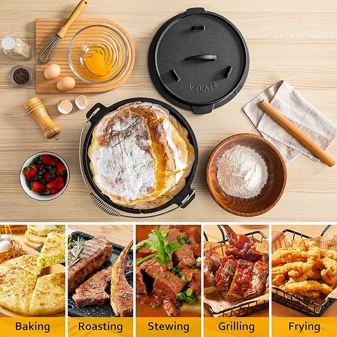 Velaze 10QT Camping Dutch Oven, Pre-Seasoned Cast Iron Camp Dutch Oven Pot - Image 6