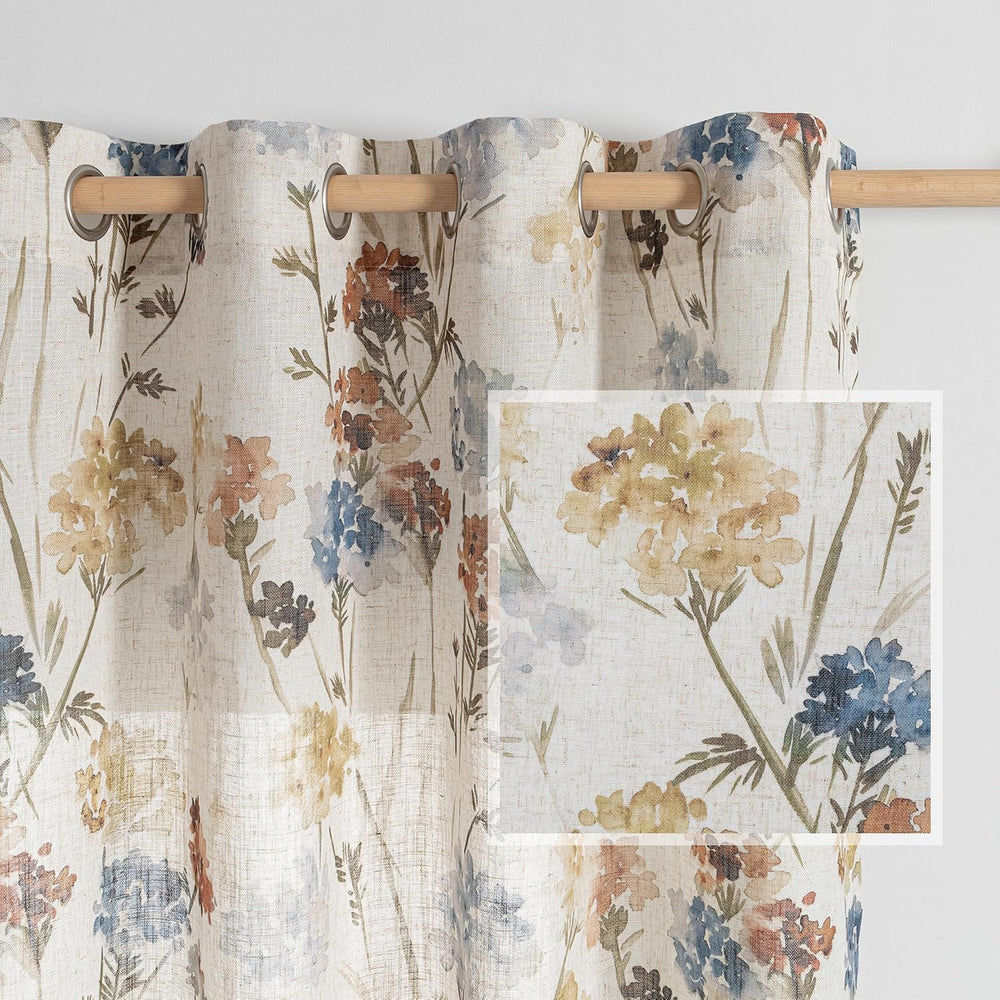 MYSKY HOME Floral Linen Curtains 84 inch Length 2 Panels Set Summer Flower Pa...