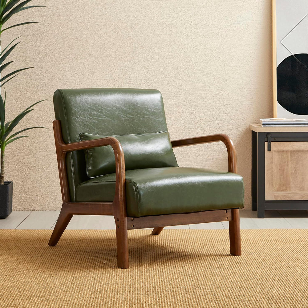 Glitzhome Mid Century Leather Accent Chair, Modern Faux Leather Accent Armcha...