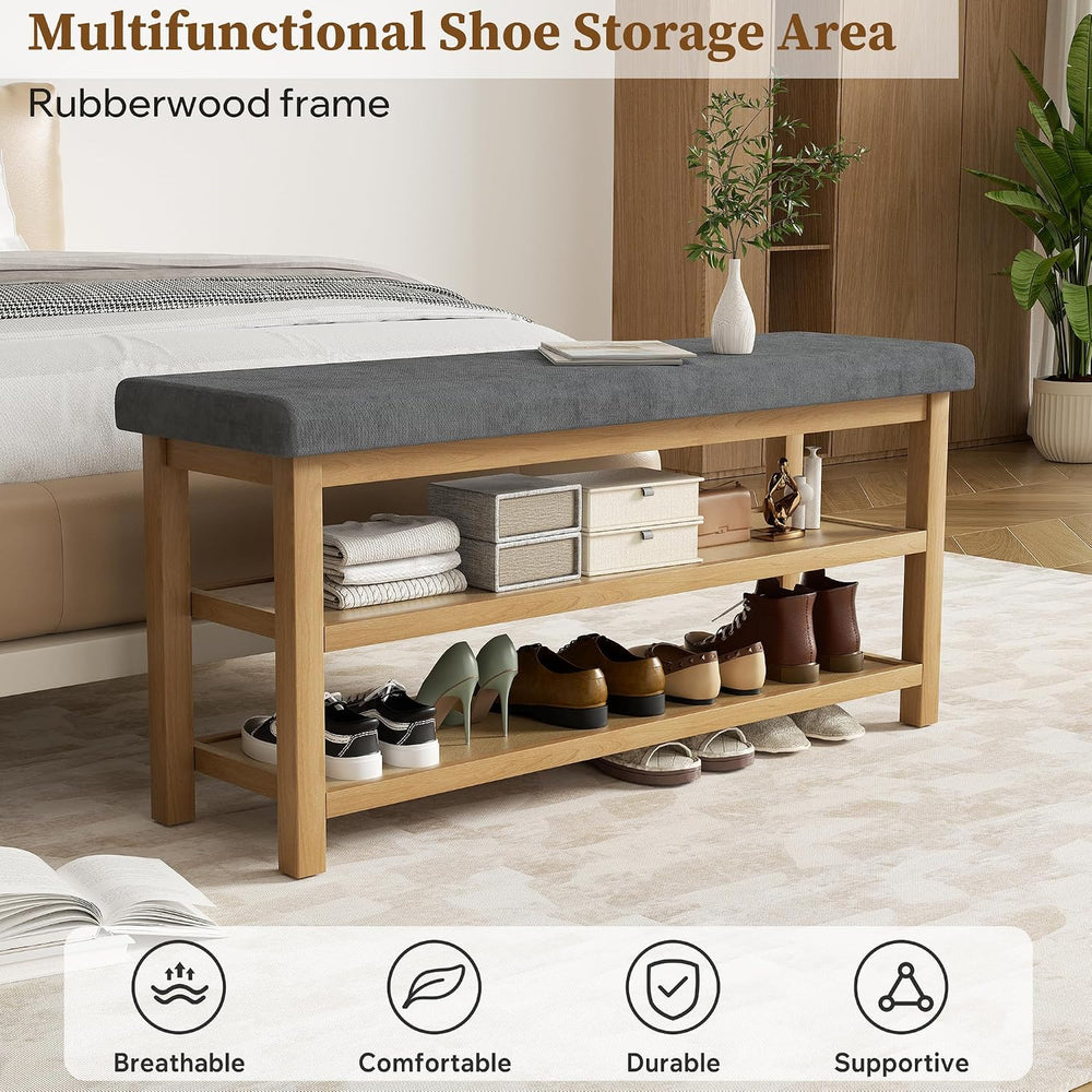 2 Tier Shoe Rack Bench with Cushion, Rubberwood Shoe Benches, Mid-Century Mod...