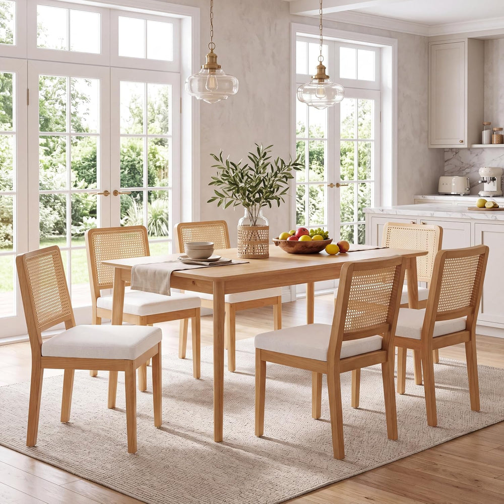 HNY Modern Farmhouse Rattan Dining Chairs Set of 2 Beige Chenille Upholstered...