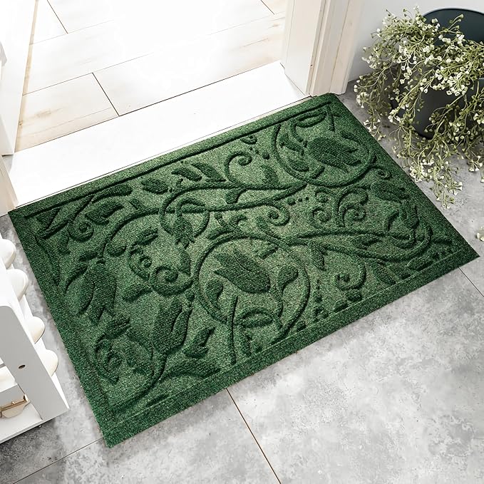 Boho Green Floral Leaves Outdoor Indoor Entrance Doormats, Absorbent Durable by VivaNest