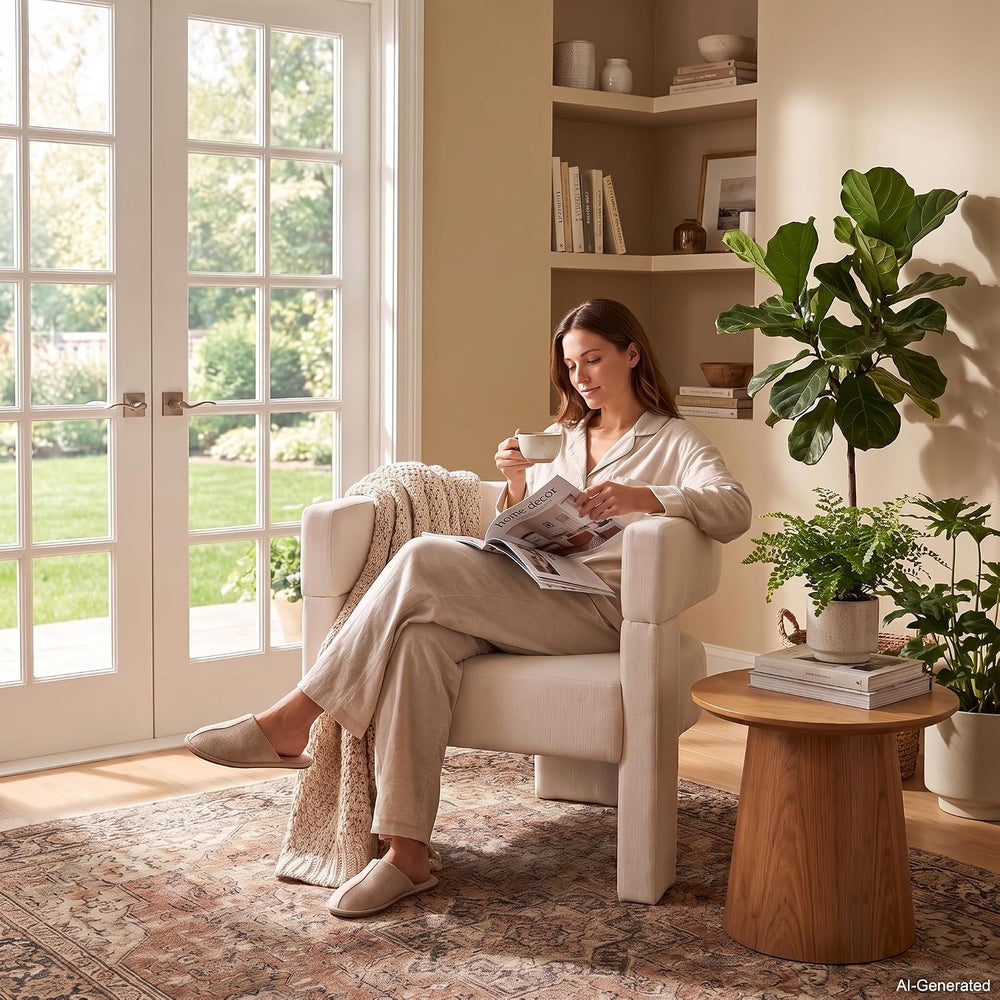 Beige Modern Accent Chair, Upholstered Barrel Armchair with Solid Wood Legs
