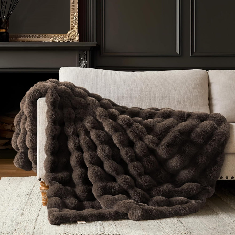 WDCOZY Luxury Bubble Throw Blanket, Brown Faux Rabbit Fur Mink Plush Throw fo...
