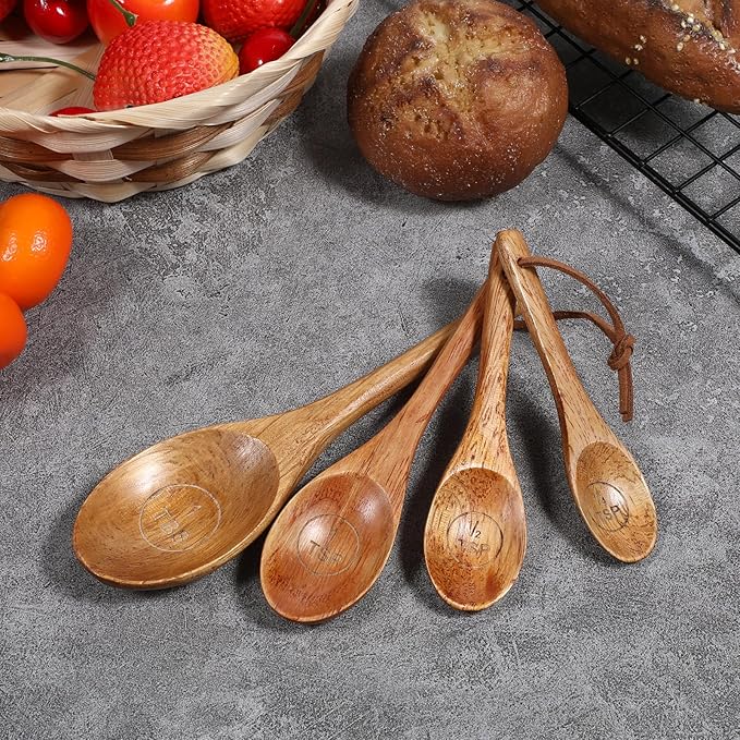 Set of 4 Wooden Measuring Spoons Measuring Spoons Cups Baking Utensil Natural - Image 4