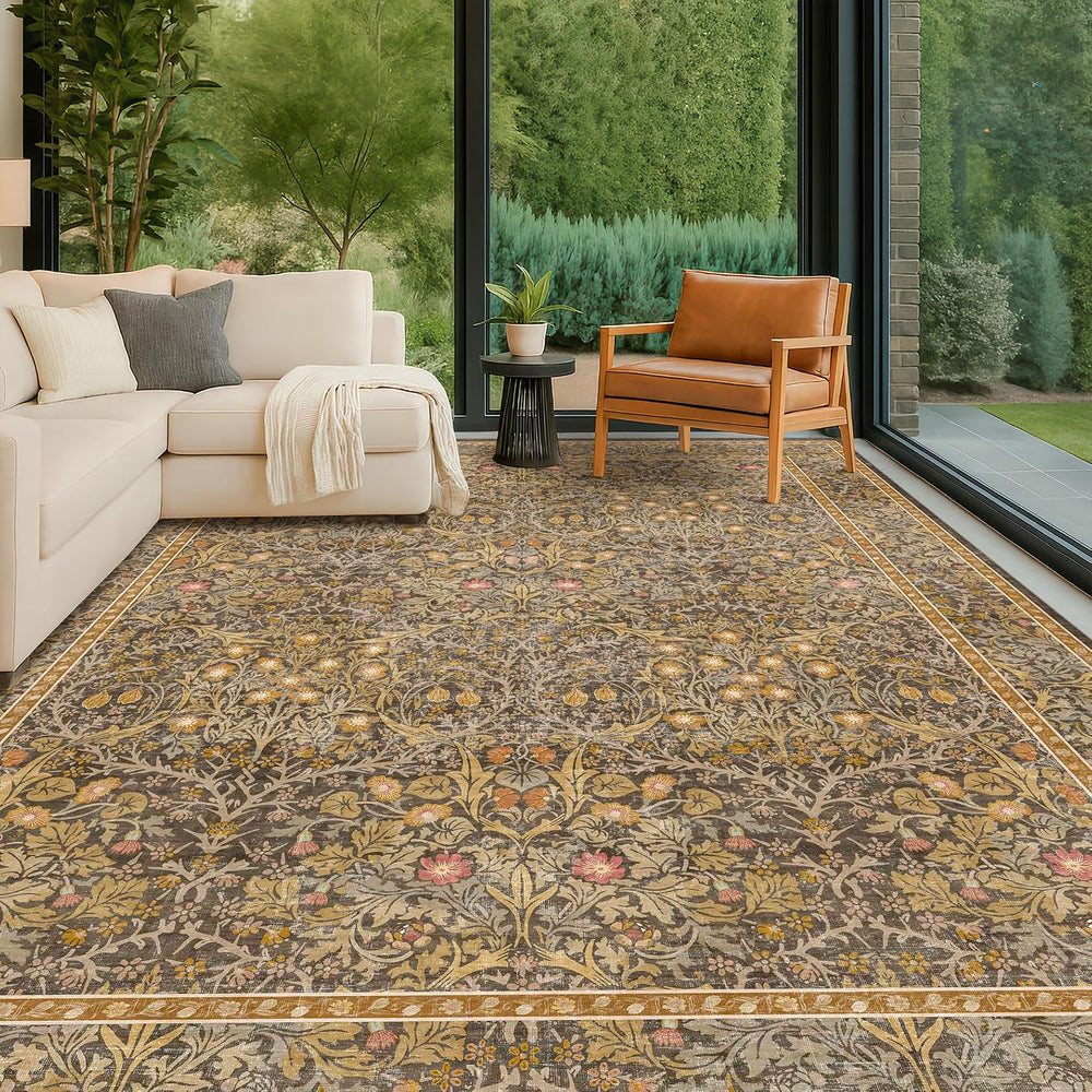 Vintage Floral Living Room Rug 8x10, Gold Brown Washable Area Rugs for Bedroo...