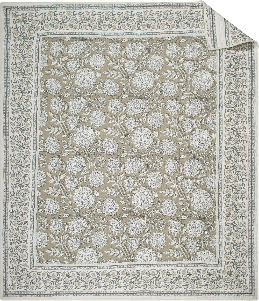 Levtex Home - Adare Taupe - Throw - Bordered Floral - Taupe, Grey and Cream -...
