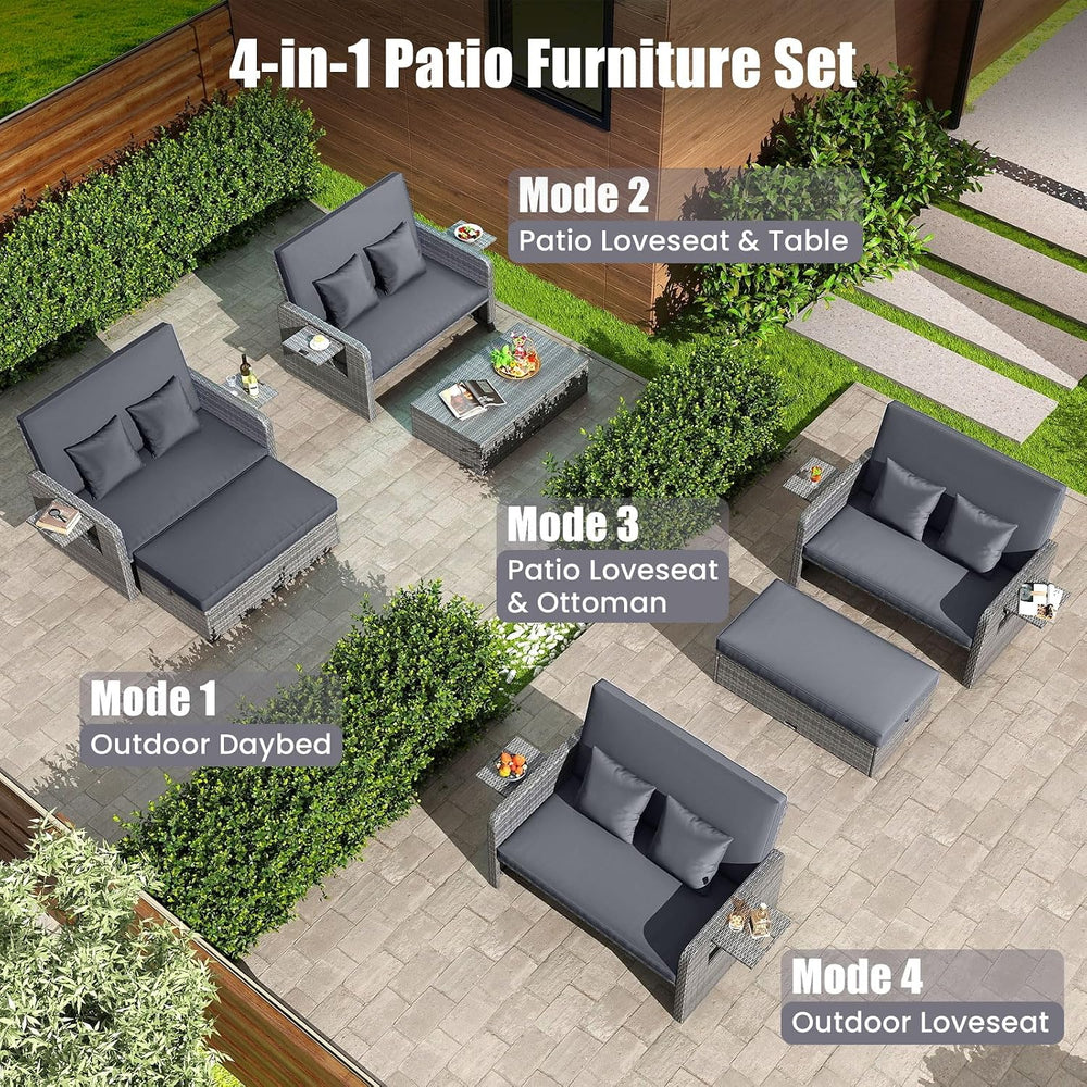 Moccha Outdoor Daybed, Wicker Loveseat Sofa Set with 4-Postion Adjustable Bac...