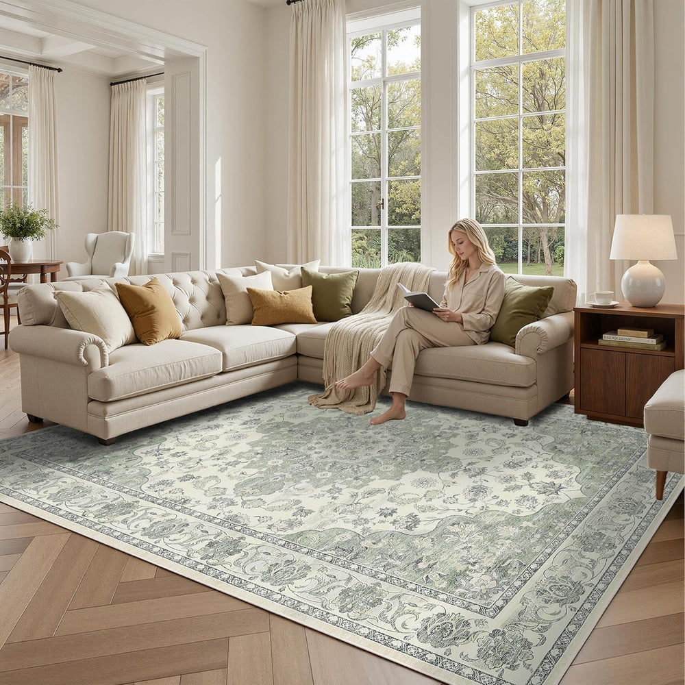 8x10 Non-Slip Washable Livingroom Vintage Area Rug, Sage Green