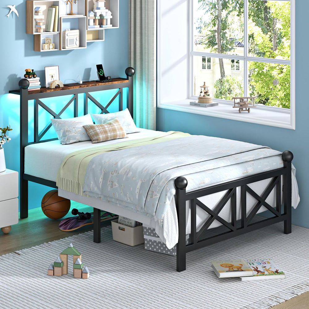 ChicZhiNest Twin Size Bed Frame with Charging Station and LED Lights, Metal P...