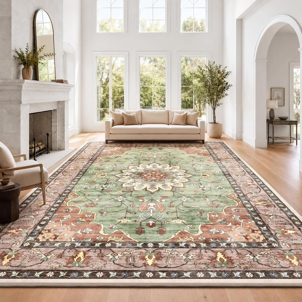 8x10 Washable Area Rug, Large Vintage Distressed Medallion Rugs