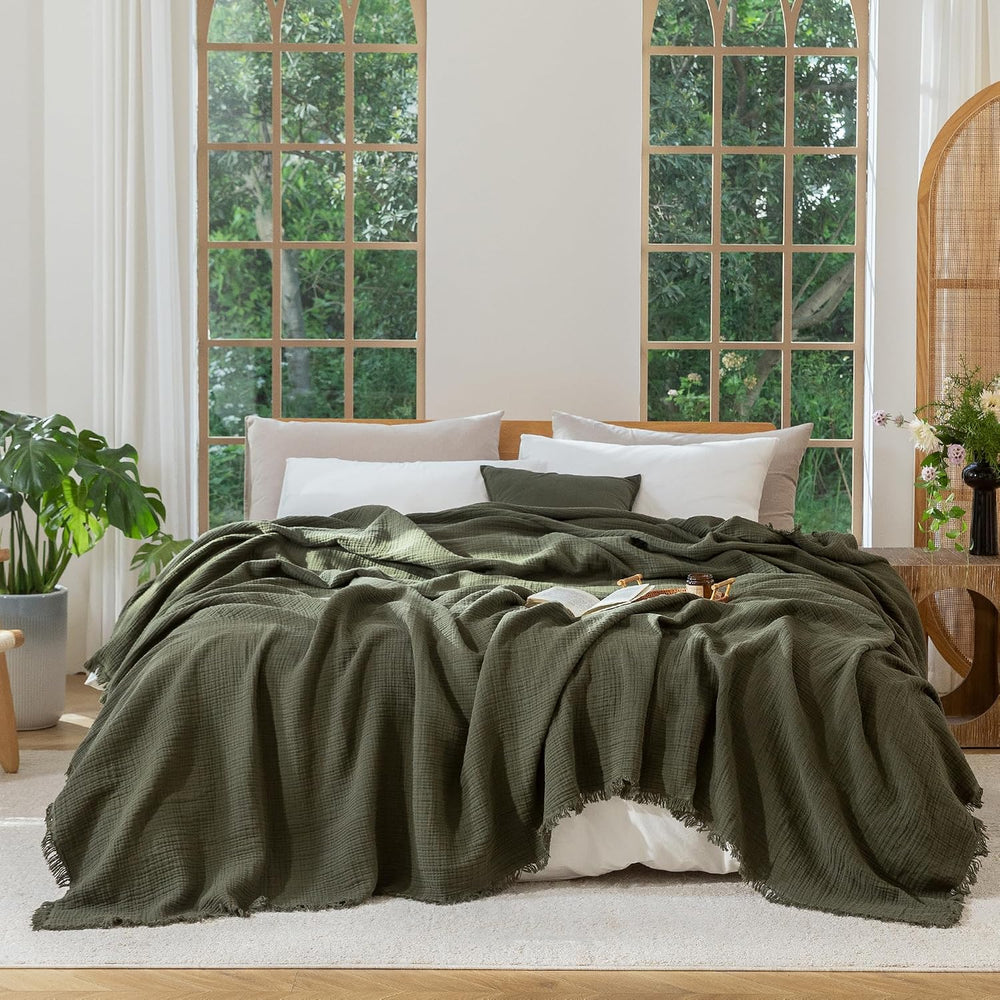 MooMee 100% Cotton Muslin Blanket, Fringed 4-Layer Gauze Bed Throw Blankets