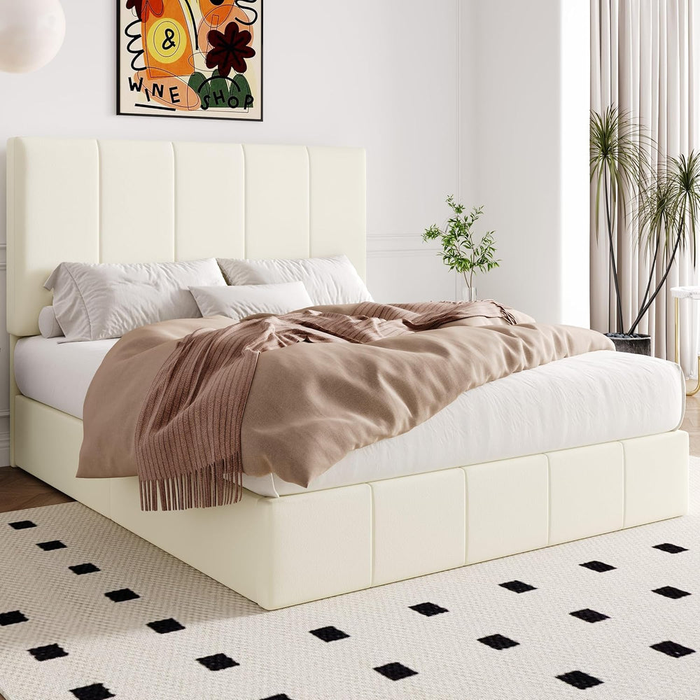 Allewie Full Size Velvet Lift Up Hydrualic Storage Bed Frame, Cream
