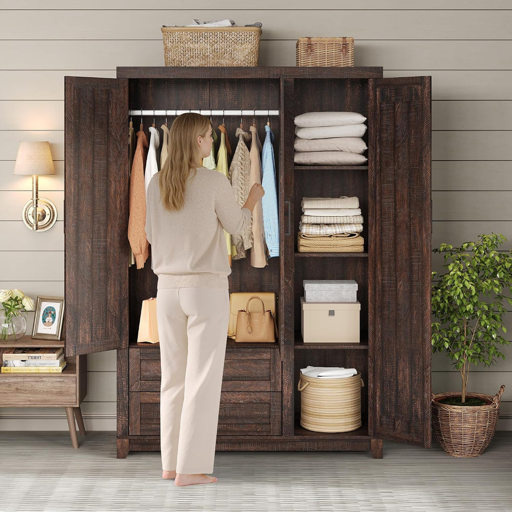AMERLIFE Farmhouse 3 Door Wardrobe Closet with 2 Drawers & Hanging Rod