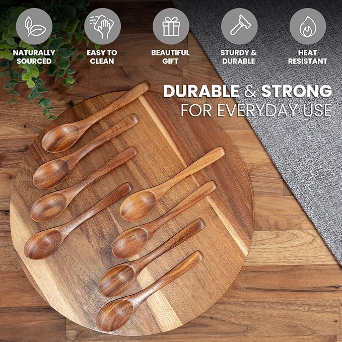 Zulay Kitchen Teak Wood Small Honey Spoons Set – 8 Piece Mini Wooden Honey - Image 3