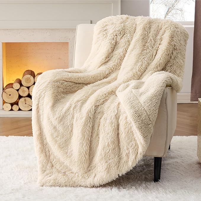 Bedsure GentleSoft Fuzzy Sherpa Faux Fur Blanket Beige Cozy Gifts - Image 5