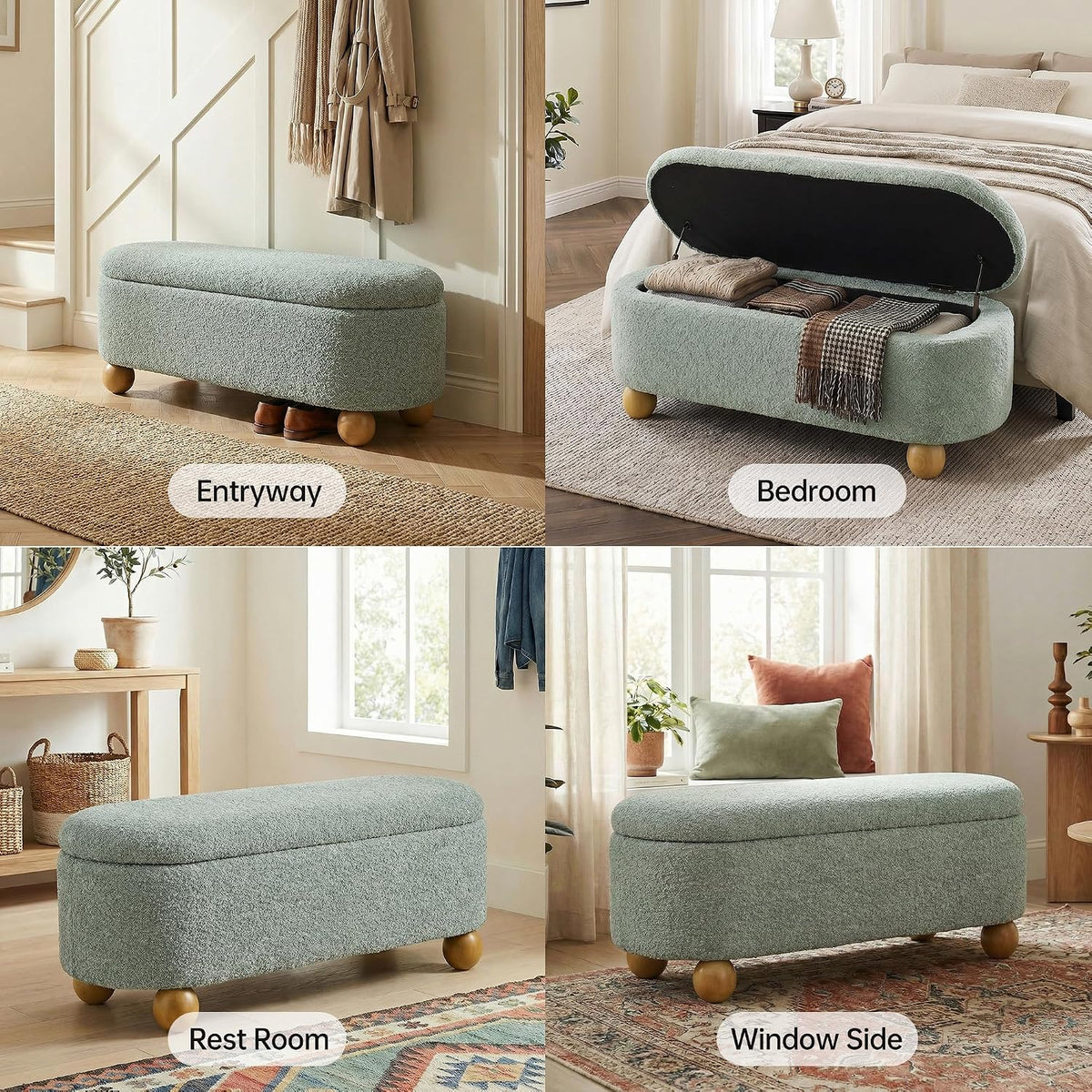 VKNOW 44.8" Storage Ottoman Bench End of Bed Bench with Hinge, Light Green