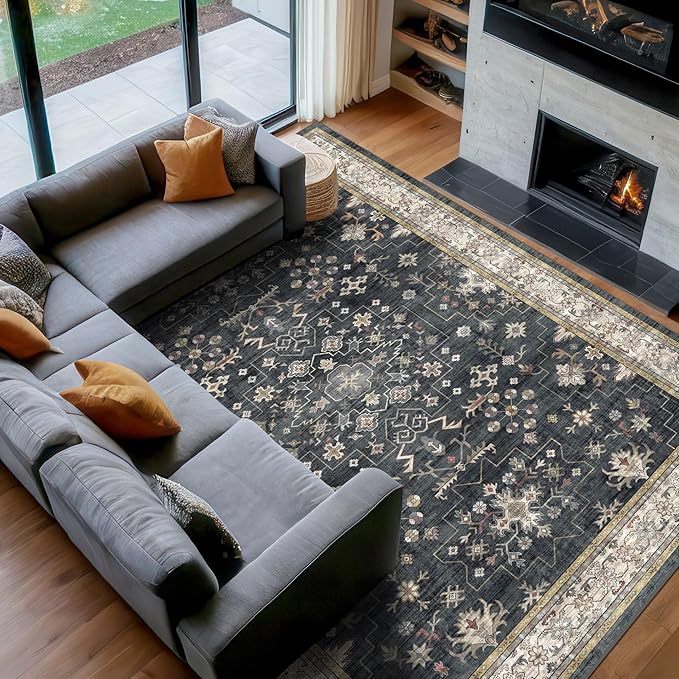 Black Boho Living Room Rug 5x7, Washable Dark Vintage Moody Low Pile Non Slip - Image 3