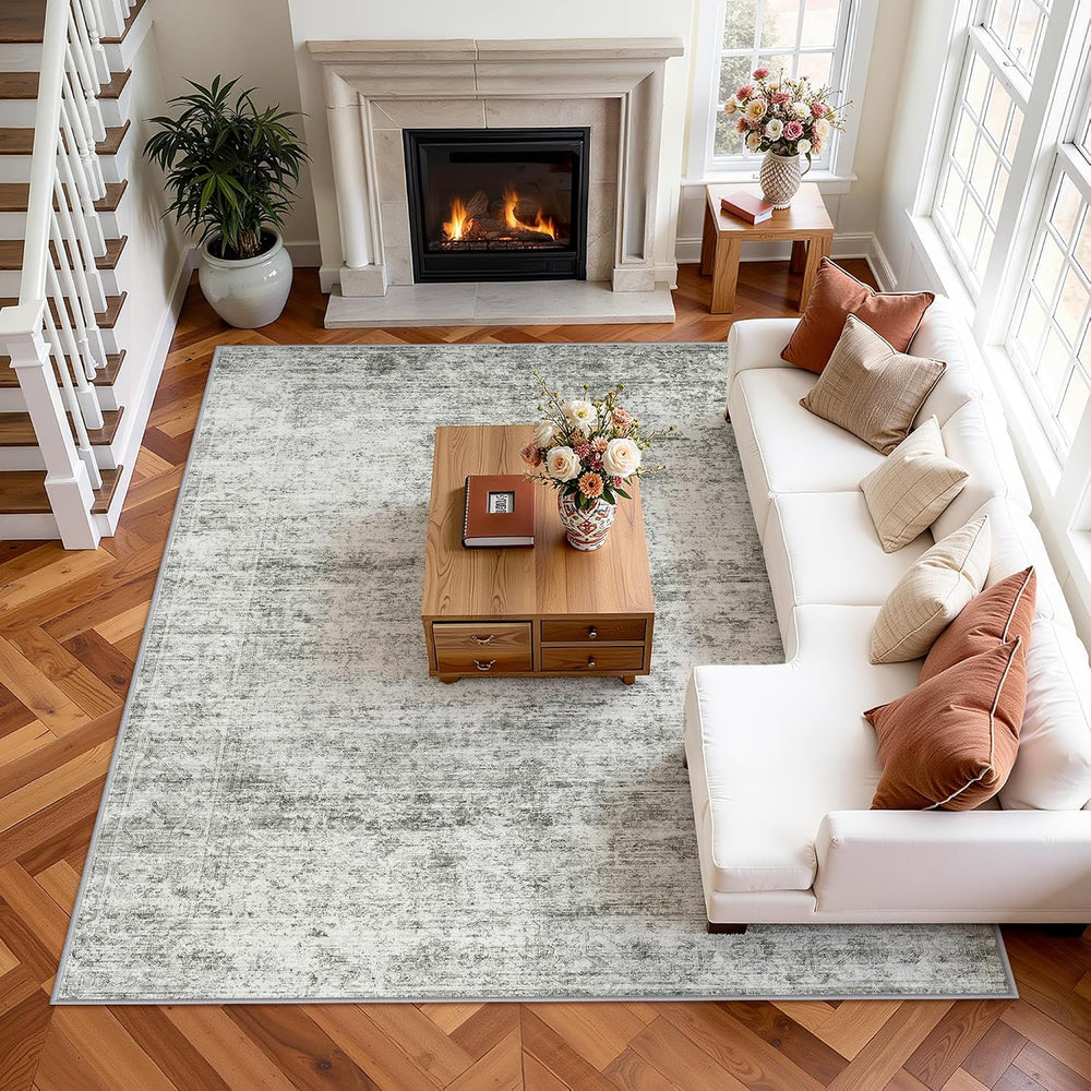 LIVELYGLOW 8x10 Washable Distressed Area Rug, Neutral Living Room Carpet