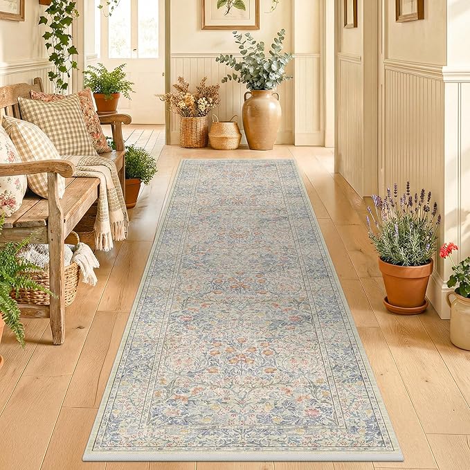 Beige Blue Washable 2x8 Runner Rug - Image 8