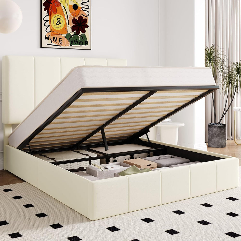 Allewie Full Size Velvet Lift Up Hydrualic Storage Bed Frame, Cream