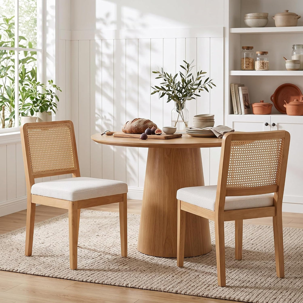 HNY Modern Farmhouse Rattan Dining Chairs Set of 2 Beige Chenille Upholstered...