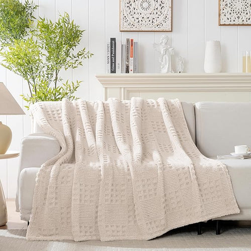 50x70 Inch Waffle Beige Throw Blanket -Fluffy Fleece, Neutral Tan Color - Image 2