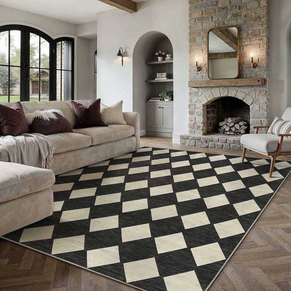 PureCozy Black 8x10 Washable Area Rug Living Room Non Slip Checkered Carpet
