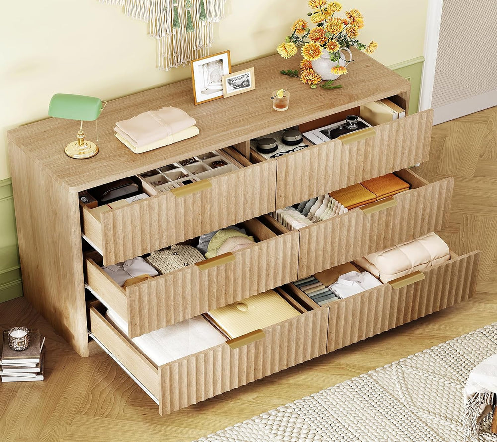 Fluted 6 Drawer Dresser for Bedroom, Wide Modern Chest of Drawers with Metal ...