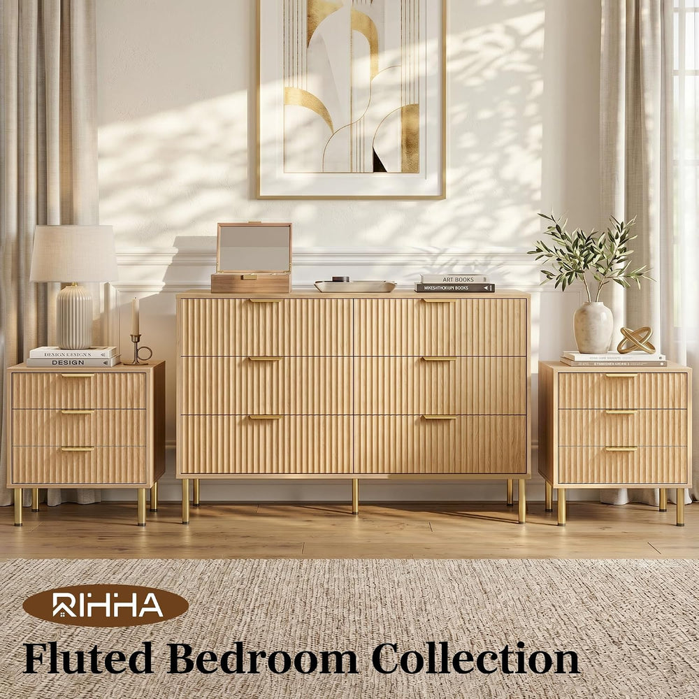 Natural Oak 3-Piece Fluted Dresser and Nightstand Set for Bedroom