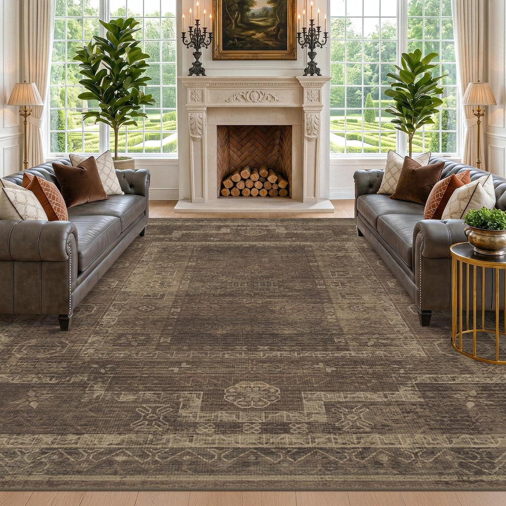 Brown Vintage Washable 9x12 Large Area Rug for Living Room & Bedroom, Sto...